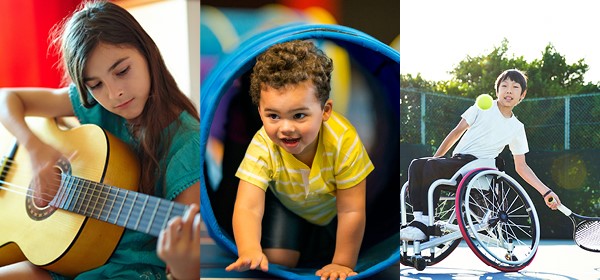 3 images of children. 1 child with long brown hair, fair skin and green shirt playing a guitar. 2nd image young child with short brown curly hair, olive complexion crawling through a blue tunnel. 3rd child short black hair, olive skin, white shirt in a wheel chair playing tennis