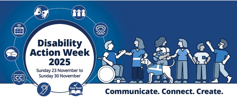 Blue background with graphic of different people with disability and their support items along with disability support icons