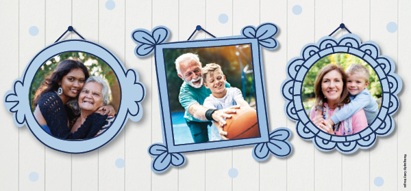 3 images on a wall. Image 1 has a young female adult with tan skin, brown hair hugging an older lady with white hair. 2nd image is an older male with white hair and beard with his hand on a basketball with a preteen male with light brown hair and fair complexion in front also grabbing the ball. 3 image is a young child with fair skin, blonde hair hugging a middle aged women with brown hair and fair skin.