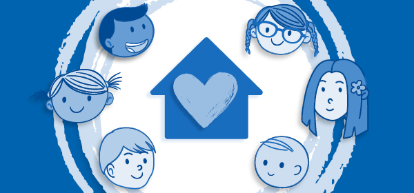 6 blue illustrations of children's faces in a circle an blue house and heart in the middle.
