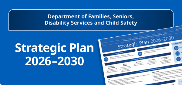 Blue background with 'Strategic plan 2026-2030' in white text alongside department name, and an image of the front of the plan.