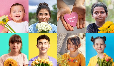 7 images of children of different ages and ethnicity holding flowers and 1 image of hands holding a heart card with the words thank you