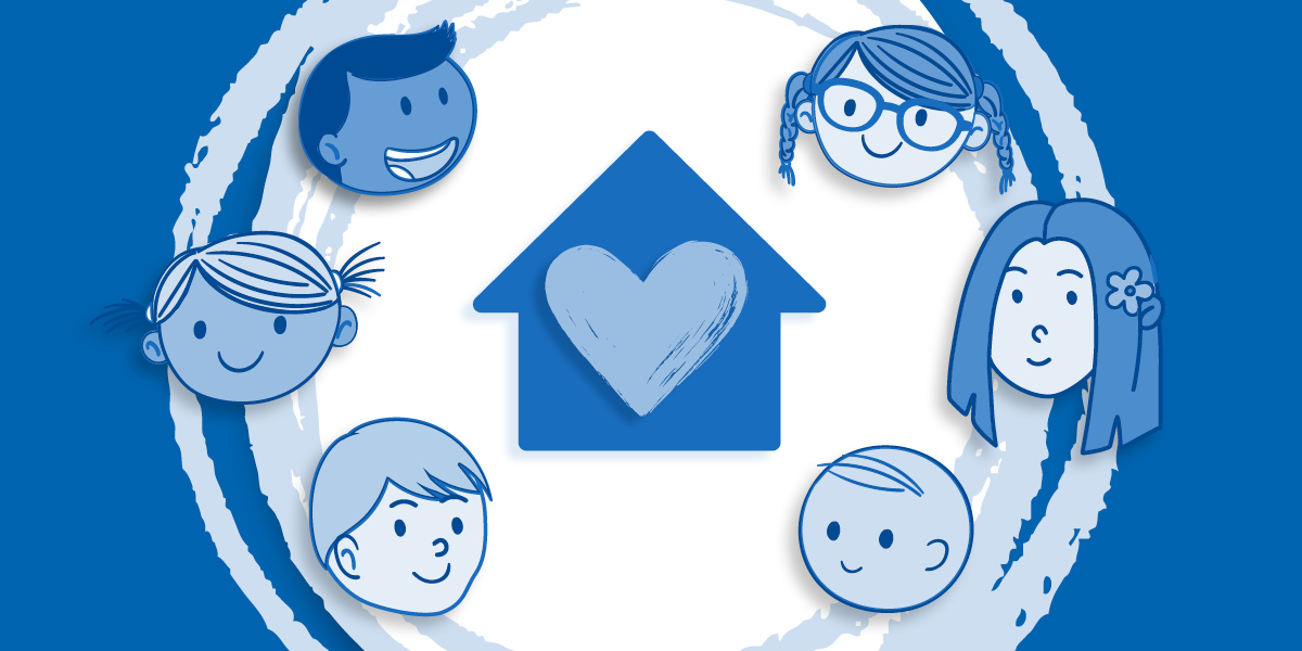 6 blue illustrations of children's faces in a circle an blue house and heart in the middle.