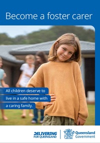 a young girl with light brown hair, orange jumper smiling at the camera standing in front of a house. Heading on the page Become a foster carer