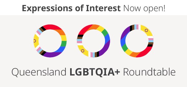 3 rainbow circles, with the words Queensland LGBTQIA+ Roundtable